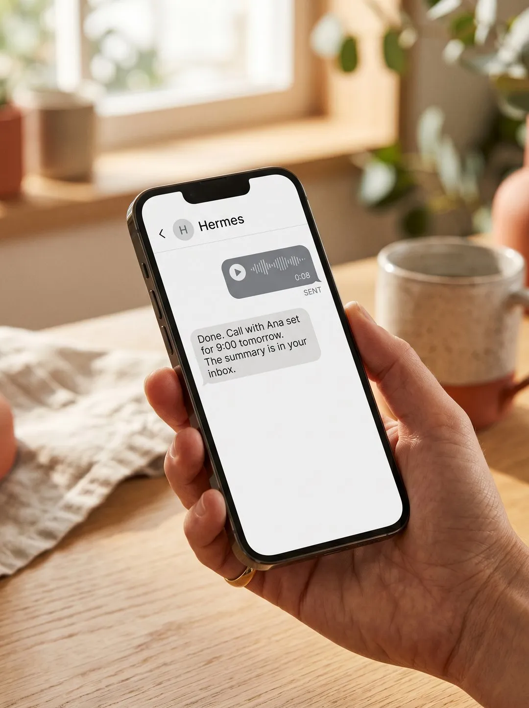 Phone showing a conversation with the Hermes assistant: a sent voice note and a reply confirming a call was scheduled and a summary emailed