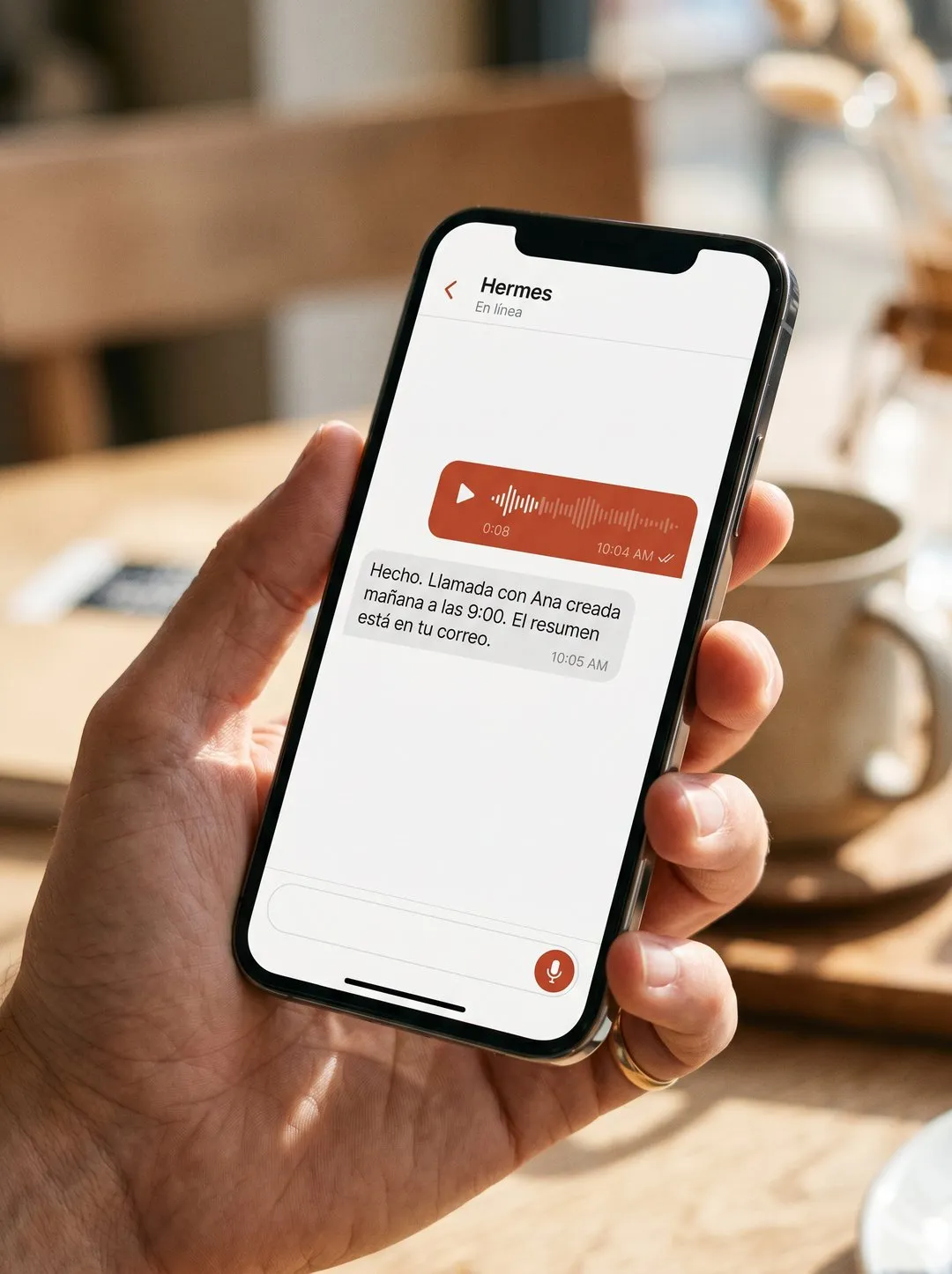 Móvil con una conversación con el asistente Hermes: nota de voz enviada y respuesta confirmando una llamada creada y un resumen enviado al correo