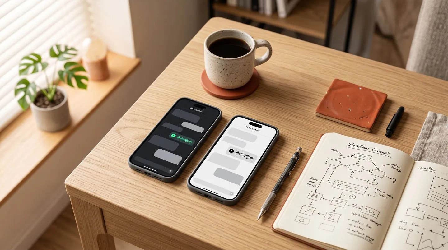 Desk with two phones showing AI assistant conversations, a coffee cup and a notebook with workflow diagrams
